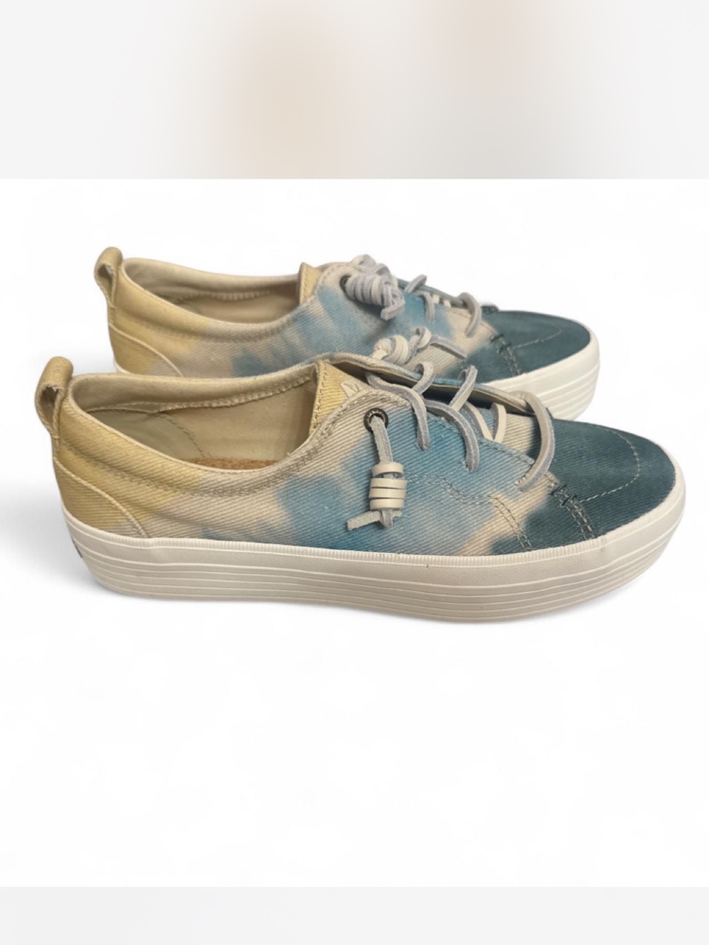 Sperry Two-Tone Green and Tan Canvas Lace-Up Flats - Picture 2 of 3
